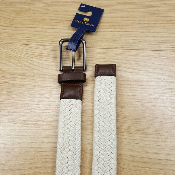 CLUB ROOM Belt Mens Size Medium 34 36 Cream Braided Casual Brown Faux Leather - Picture 1 of 6